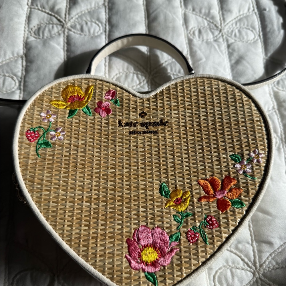 Kate Spade Heart-Shaped Woven Bag with Floral Embroidery